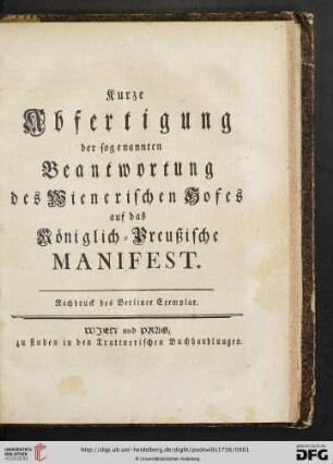 Kurze Abfertigung der sogenannten Beantwortung des Wienerischen Hofes auf das Königlich-Preußische Manifest