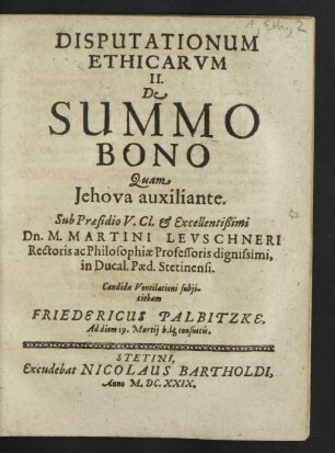 Disputationum Ethicarum ... De Summo Bono
