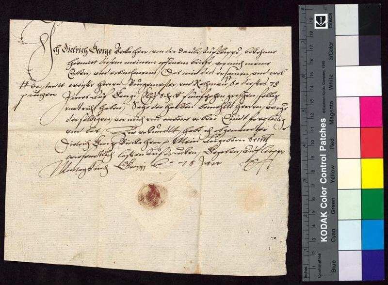 Dietrich Georg Berka von Duba bestätigt Bürgermeister und Rat der Stadt Bautzen den Empfang der zu St. Georgi fälligen königlichen Rente i.H.v. 11 Schock und 15 Groschen. | Digitalisierung: Stadtarchiv Bautzen