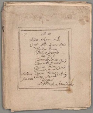Masses, V (4), Coro, orch, org, D-Dur - BSB Mus.ms. 7480 : [dust cover title:] Nro: 68. // Missa solemnis in D // à // Canto, Alto, Tenore, Basso // Violino Primo // Violino secundo // Alto Viola // Clarinetto Primo // [brace:] in D // Clarinetto secundo // Clarino Primo // [brace:] in D // Clarino secundo // Corno Primo // [brace:] in D et G // Corno secundo // Tympani // con // Organo // [left side:] Authore // Jauman // [right side:] Ad me Petrum Huber
