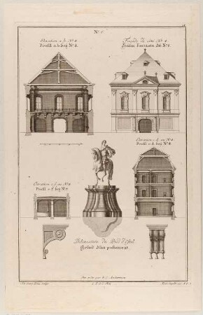 Fassade und Profil eines Gebäudes und eine Skulptur auf hohem Sockel