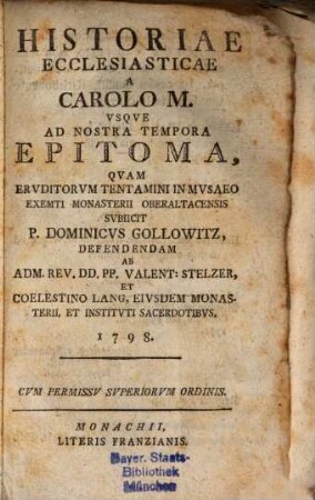 Historiae ecclesiasticae a Carolo M. usque ad nostra tempora epitoma