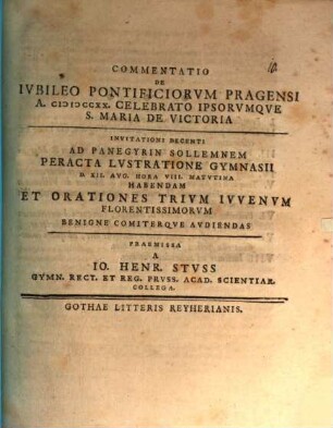 Commentatio de iubileo pontificiorum Pragensi anno 1720 celebrato, ipsorumque S. Maria de Victoria