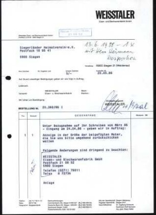 Firmenbriefkopf Weisstaler, Eisen- und Blechwarenfabrik GmbH