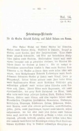 Anl. 14. Schenkungs-Urkunde für die Grafen Heinrich Ludwig und Jakob Johann von Hanau.