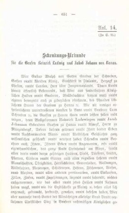Anl. 14. Schenkungs-Urkunde für die Grafen Heinrich Ludwig und Jakob Johann von Hanau.