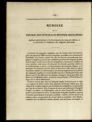 Mémoire sur la théorie des intégrales définies singulières.