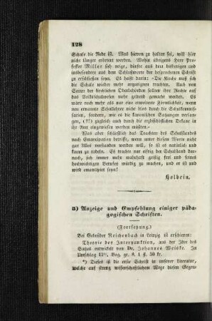 Anzeige und Empfehlung einiger pädagogischen Schriften : (Fortsetzung) ; [Literatur]