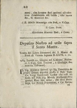 Deposito Nostro ad utile sopra il Santo Monte.