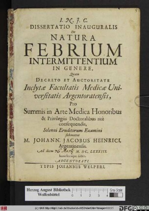 Dissertatio Inauguralis De Natura Febrium Intermittentium In Genere