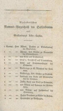 Alphabetisches Namens-Verzeichniß der Subscribenten auf Mecklenburgs Acker-Cultur