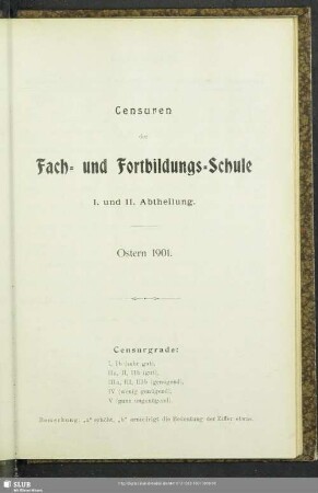 Censuren der Fach- und Fortbildungs-Schule : I. und II. Abtheilung