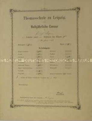 Schulzeugnis der Thomasschule Leipzig für Ernst Heinrich Degen, Klasse IVa; Michaelis 1882
