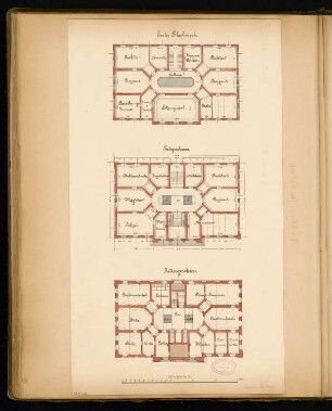 Rathaus, Calau Monatskonkurrenz März 1879: Variante II: Grundriss Keller, Erdgeschoss, Obergeschoss 1:150; Maßstabsleiste