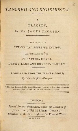 Tancred And Sigismunda : A Tragedy ; Adapted For Theatrical Representation, As Performed At The Theatres-Royal, Drury-Lane And Covent-Garden ...