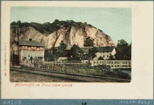 Die Garnisonsmühle (Kupferhammer, Pulvermühle) hinter dem Bahnwärterhaus unterhalb der Heidenschanze im Plauenschen Grund