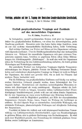 Einfluß geophysikalischer Vorgänge und Zustände auf den menschlichen Organismus