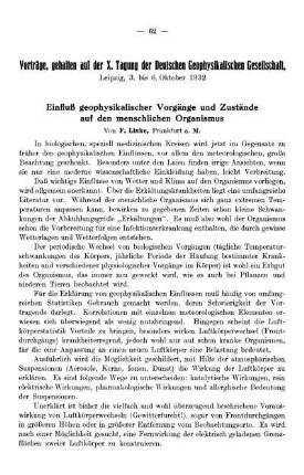 Einfluß geophysikalischer Vorgänge und Zustände auf den menschlichen Organismus