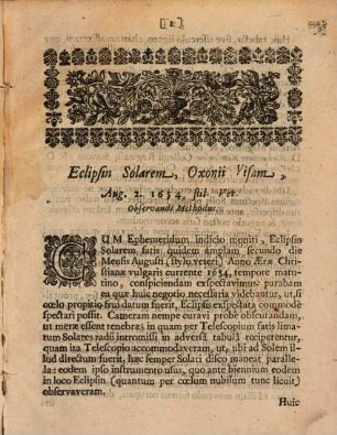 Eclipsis solaris Oxonii visae anno aerae Christianae 1654 : 2. die mensis Augusti ...