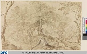 Waldlandschaft mit Bauernhäusern und Schloß