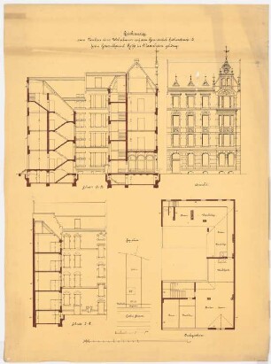 Wohnhaus Konsul Reiss, Berlin-Schöneberg: Grundriss DG, Ansicht, Schnitt AB, Schnitt CD