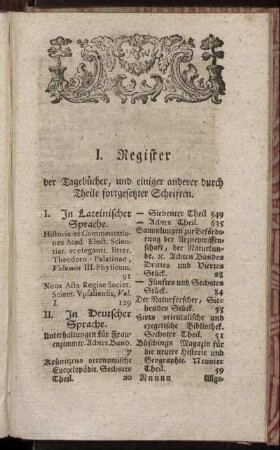 I. Register der Tagebücher, und einiger anderer durch Theile fortgesetzter Schriften.