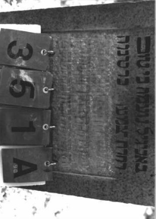 Grabstein 351 (Index: 100106754) Material: Sandstein Zustand: stark verwittert, weitgehender Textverlust, Lettern in den ersten drei Zeilen nachgezogen, weitgehend falsch Maße HxBxT: 128x48x15 cm Beschreibung: Stele mit Abdeckplatte und Segmentbogenaufsatz, Schriftfeld rechteckig eingetieft, Sockel: Grabstein 351A
