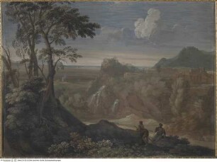 Felsige Landschaft mit Wegelagerern und einem Bergdorf vor einer Ebene