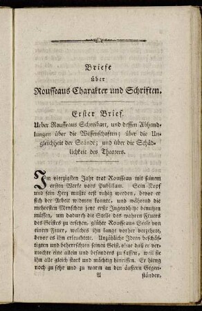 Erster Brief. Ueber Rousseaus Schreibart,[...]