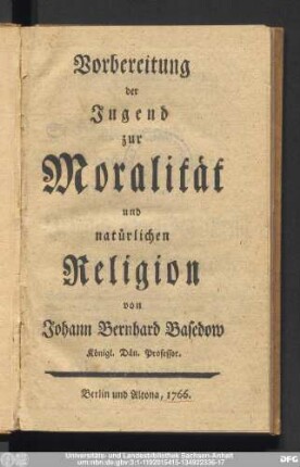 Vorbereitung der Jugend zur Moralität und natürlichen Religion