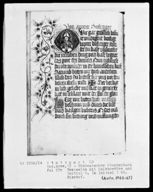 Deutsches Gebetbuch (Waldburg-Gebetbuch) — Initiale O (wie gar grussich), darin ein heiliger Bischof, Folio 53verso
