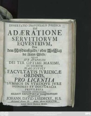 Dissertatio Inavgvralis Jvridica De Adæratione Servitiorvm Eqvestrivm