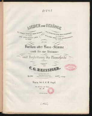 H. 1: Lieder und Gesänge für eine Bariton- oder Bass-Stimme (auch für eine Altstimme) mit Begleitung des Pianoforte op. 200