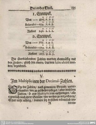 V. Im Multipliciren der Decimal-Zahlen.