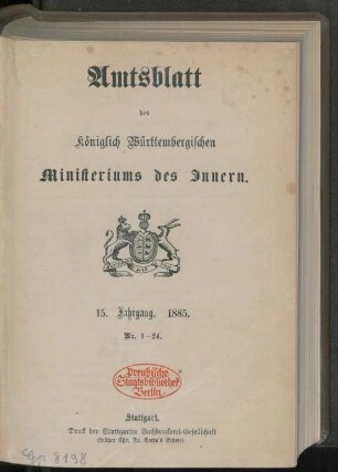 15.1885: Amtsblatt des Württembergischen Ministeriums des Innern