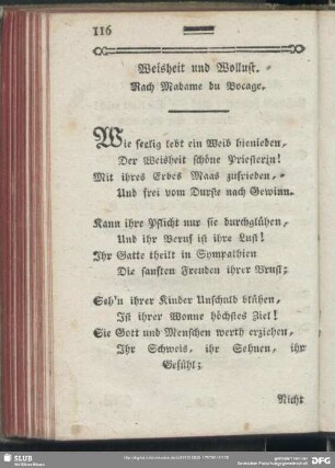Weisheit und Wollust. Nach Madame du Bocage