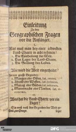 Einleitung Zu den Geographischen Fragen vor die Anfänger.