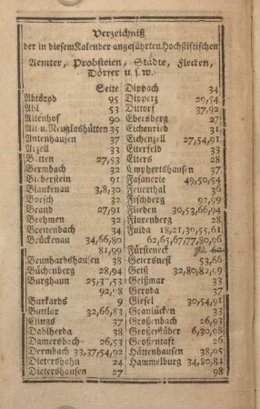 Verzeichnis der in diesem Kalender angeführten hochstiftischen Aemter, Probsteien, Städte, Flecken, Dörfer u.s.w.