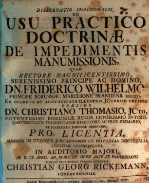 Diss. inaug. de usu practico doctrinae de impedimentis manumissionis