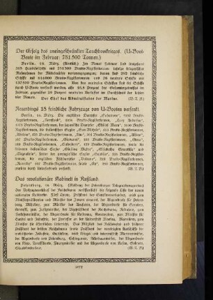 Neuerdings 18 feindliche Fahrzeuge von U=Booten versenkt.
