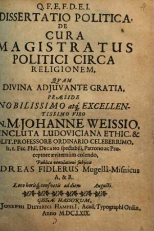 Diss. polit. de cura magistratus politici. circa religionem