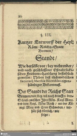 §. III. Kurtzer Entwurff der Heyl: Röm: Reichs-Statt Bremen ...