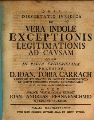 Dissertatio Ivridica De Vera Indole Exceptionis Legitimationis Ad Cavsam