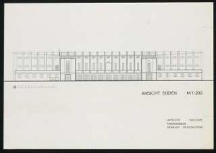 Mensa und Hochschulbibliothek, Karlsruhe Erweiterung: Tribünengebäude ehemaliges Hochschulstadion, Ansicht Süden, 1:200