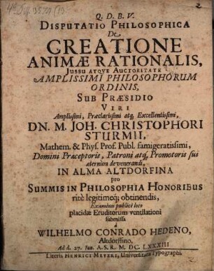 Disputatio Philosophica De Creatione Animae Rationalis