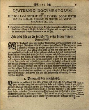 Sacra Et Illvstris Sodalitas B. Mariae Virginis In Monte Ad Vetvs Brandenbvrgvm H.E. Die Gesellschafft unser Lieben Frauen auf den Berg bey Alt-Brandenburg