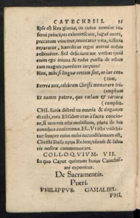 Colloquium. VII. In quo Caput quintum huius Catechismi exponitur. De Sacramentis.