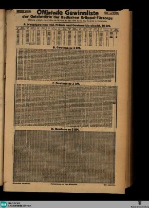 Karlsruher Zeitung, Offizielle Gewinnliste der Geldlotterie der Badischen Krüppel-Fürsorge