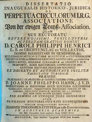 Dissertatio inauguralis historico-juridica De perpetua circulorum I. R. G. associatione = Von der ewigen Krayß-Association