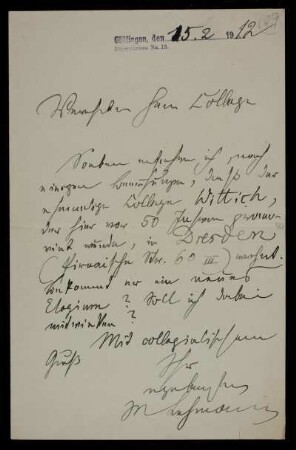Nr. 29 Brief von Max Lehmann an Edward Schröder. Göttingen, 15.2.1912